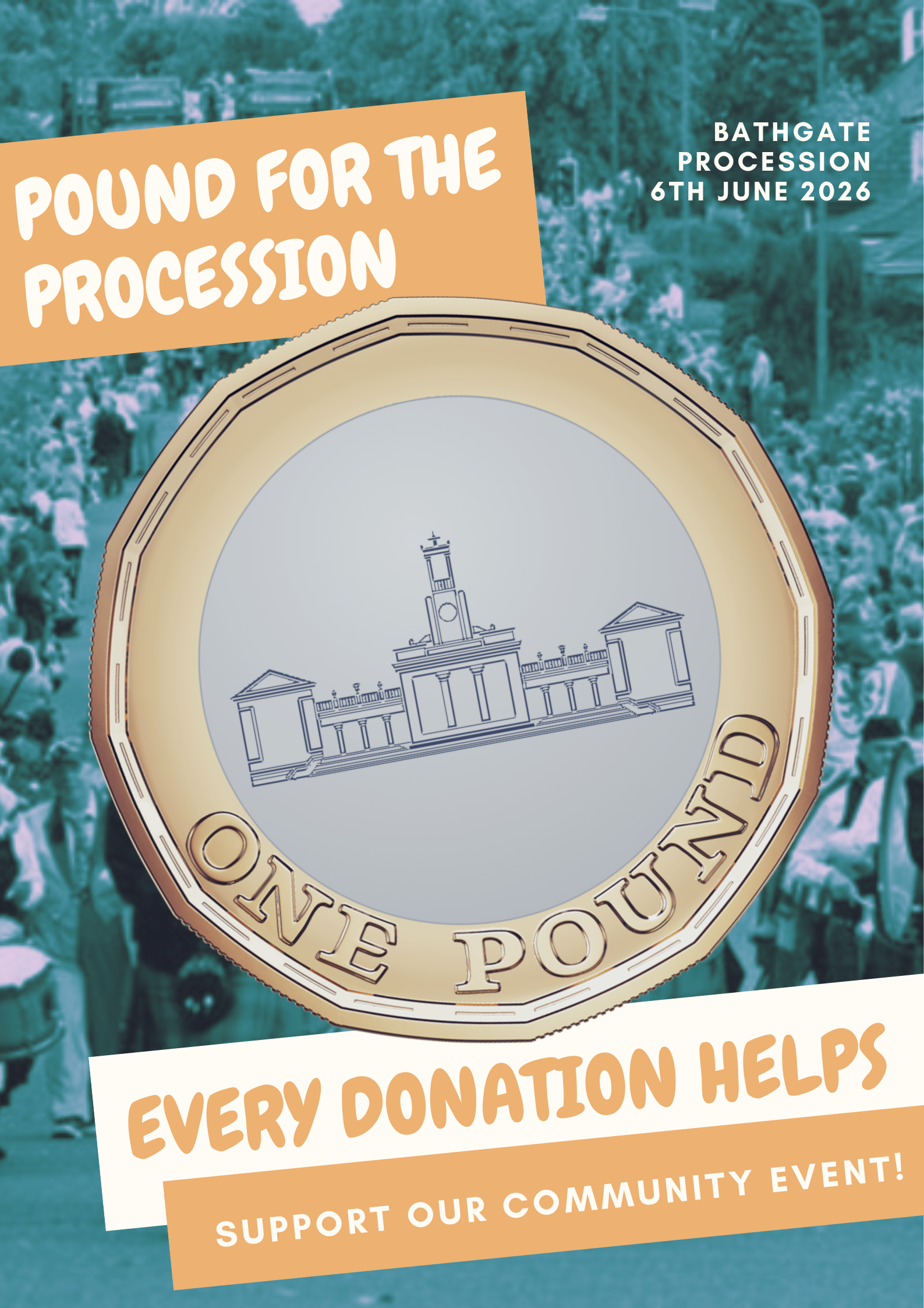 image of a pound coin that says pound for the procession - every donation helps